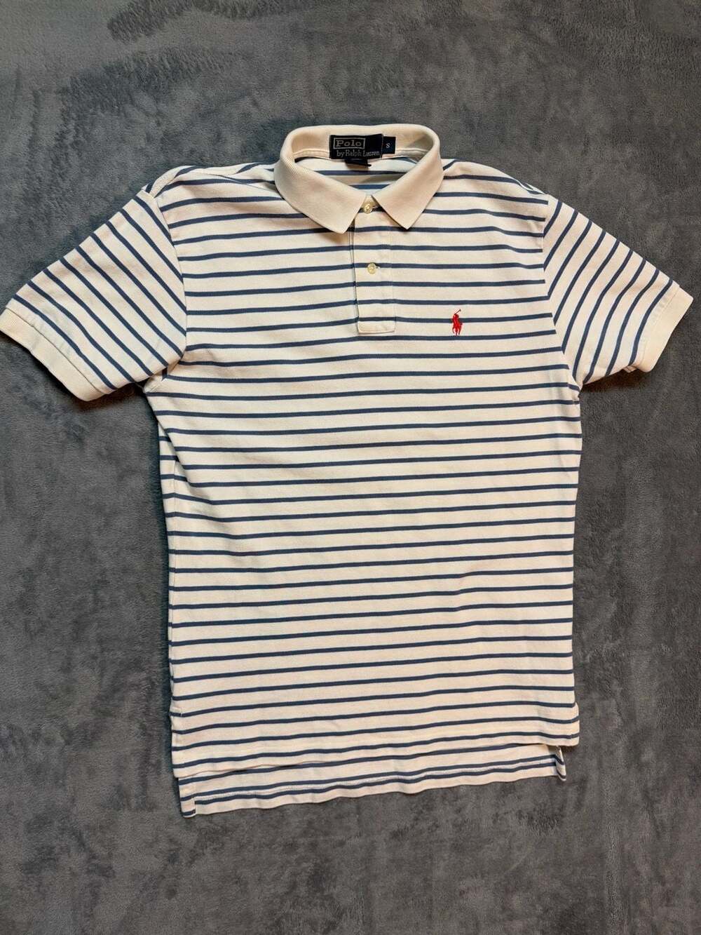 Small  Polo Ralph Lauren Men's Cream Navy Blue Striped Short Sleeve Polo Shirt